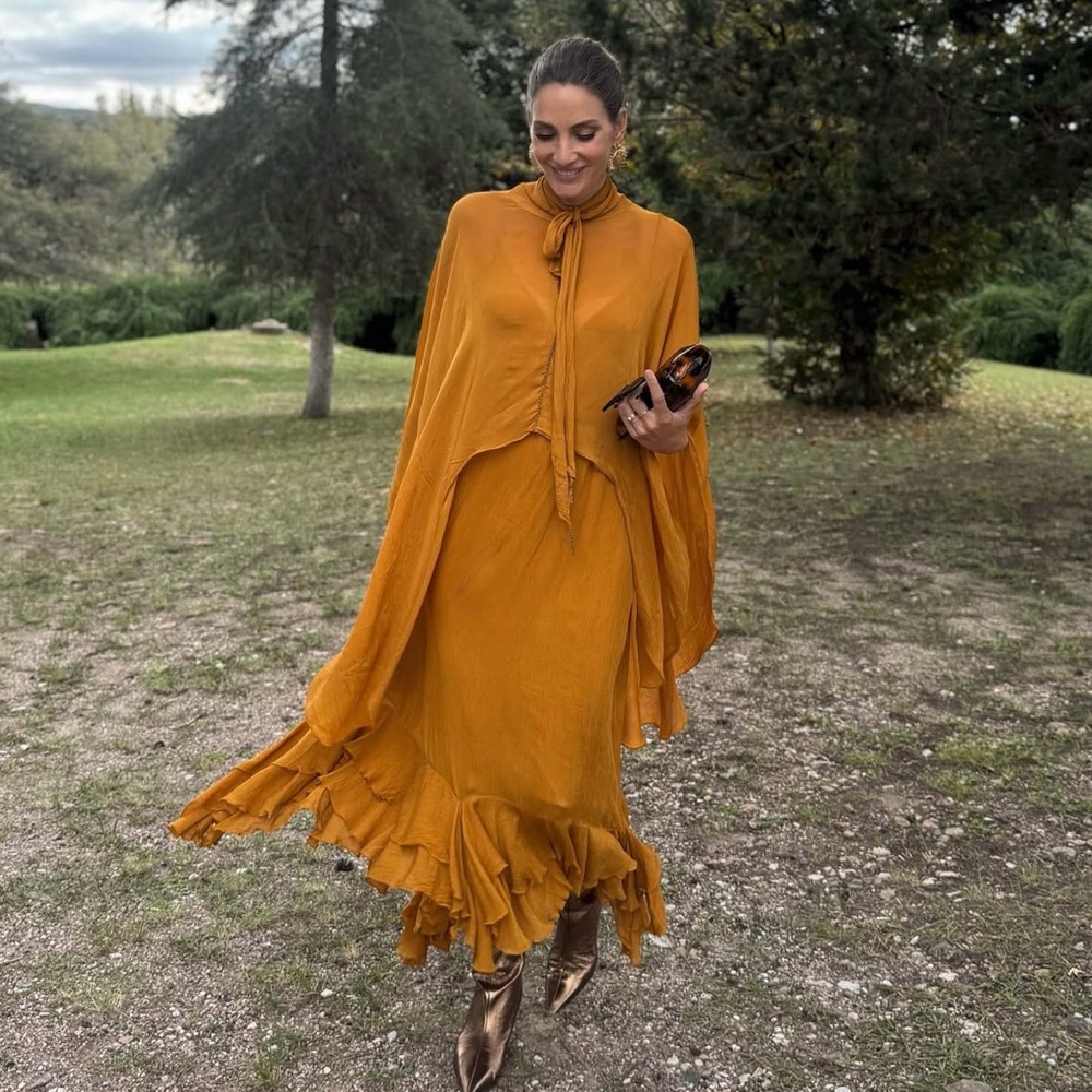 Zara dress maxi cape mustard yellow flowy kimono kaftan boho summer - Picture 5 of 11